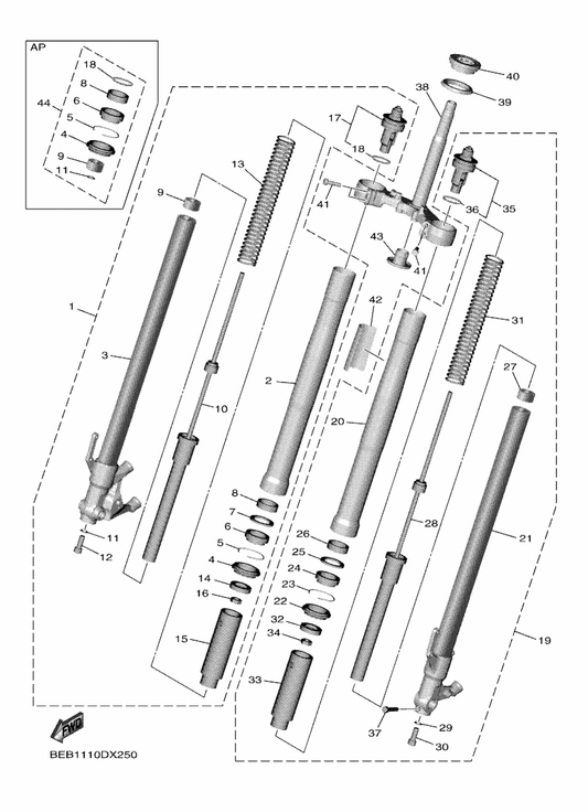 Yamaha BEB-23110-00 . Inner Tube Comp.1 — shown on the Front Fork parts diagram