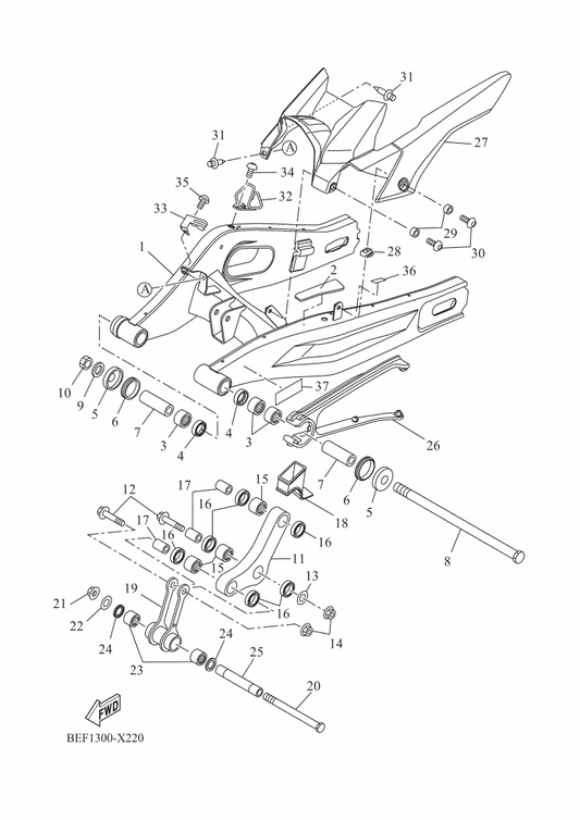 Yamaha 1WS-22184-00 Bush — shown on the Rear Arm parts diagram