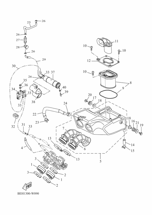 Yamaha 90450-56012 Hose Clamp Assy — shown on the Intake parts diagram