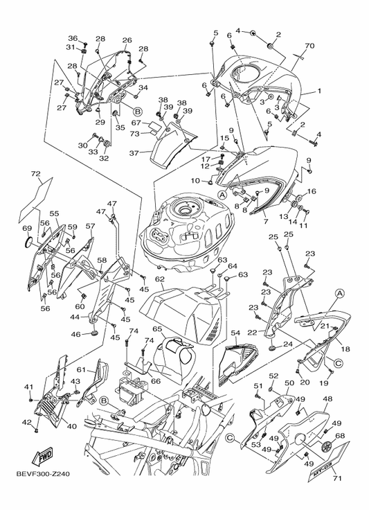 Yamaha 90160-05009 Screw, Round Tapping — shown on the Fuel Tank 2 parts diagram