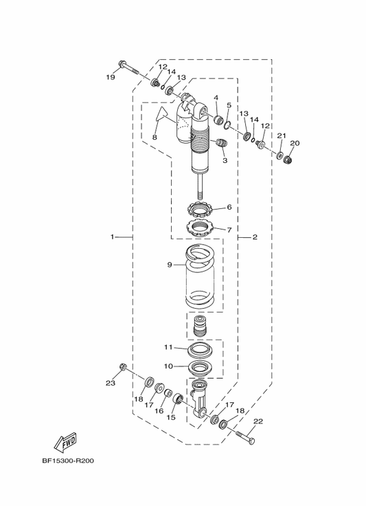 Yamaha BF1-22201-20 . Damper Sub Assy — shown on the Rear Suspension parts diagram