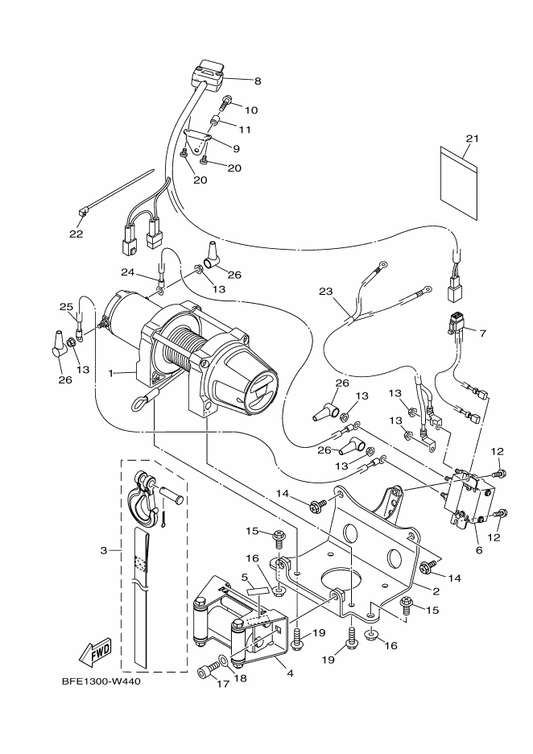 Yamaha BFE-F1453-00 Bracket, Switch — shown on the Winch parts diagram