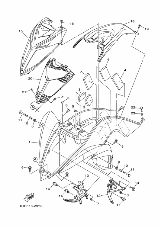 Yamaha 1PE-F171A-70 Cover, Top — shown on the Front Fender parts diagram