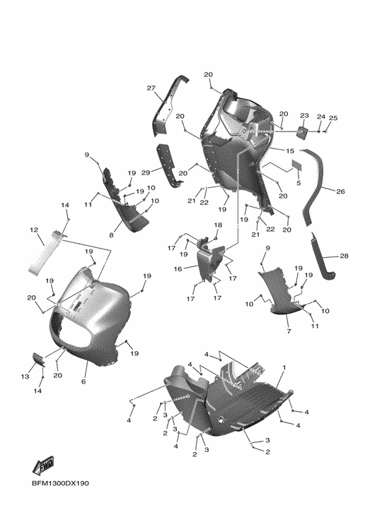 Yamaha BFM-F1568-00 Label, Warning — shown on the Leg Shield parts diagram