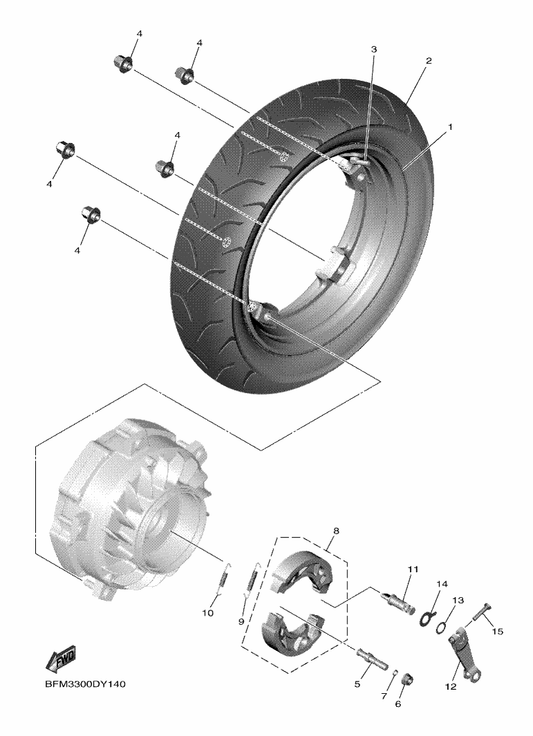 Yamaha 94113-13809 Tire (130/70-13M/C 63P) — shown on the Rear Wheel parts diagram