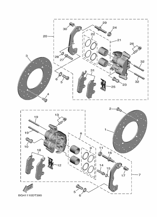 Yamaha 1XD-2580T-00 Caliper Assy (Left) — shown on the Front Brake Caliper parts diagram