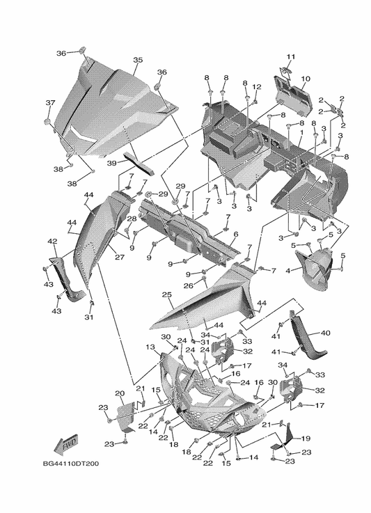 Yamaha BG4-F1982-00 Hood 1 — shown on the Front Fender parts diagram