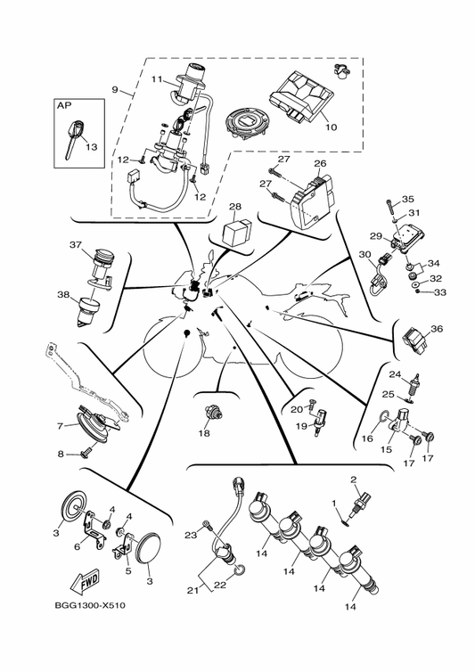 Yamaha 2CR-85899-10 Sensor, Gear Position — shown on the Electrical 1 parts diagram
