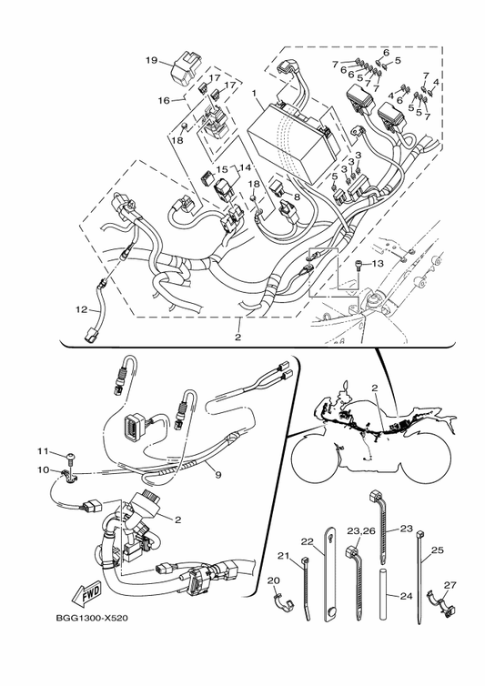 Yamaha 2CR-2627E-00 Clamp, Wire — shown on the Electrical 2 parts diagram