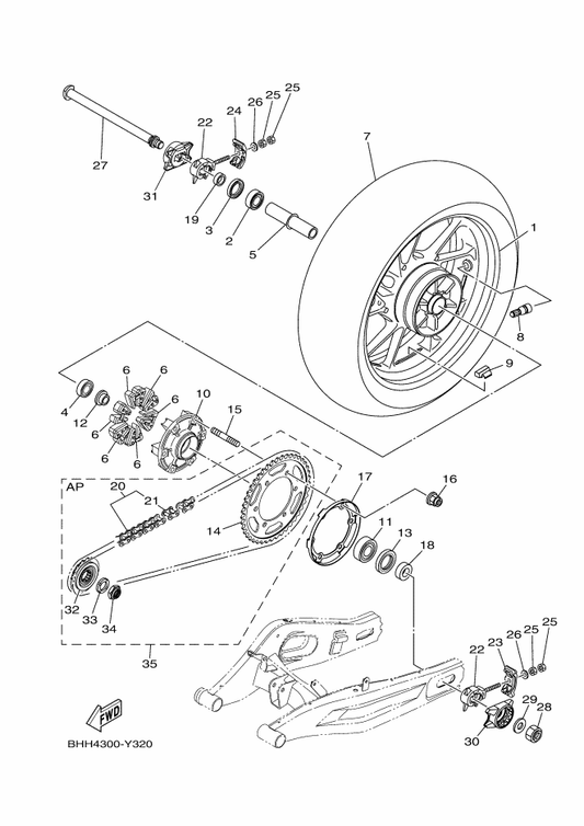 Yamaha 2DR-25338-00-98 Cast Wheel, Rear — shown on the Rear Wheel parts diagram