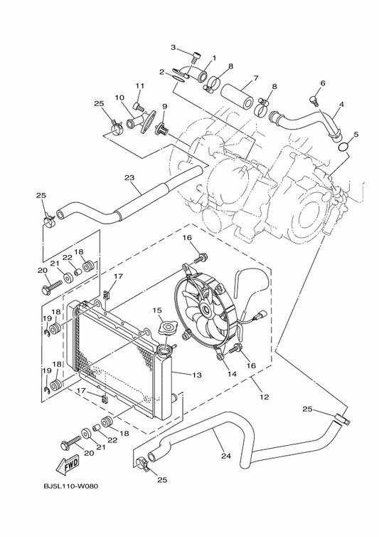 Yamaha 5ND-E2405-02 . Blower Assy — shown on the Radiator & Hose parts diagram