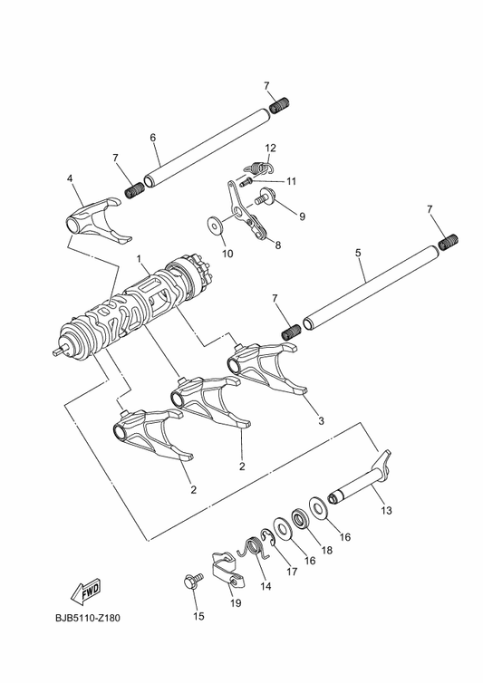 Yamaha BDW-18535-00 Bar, Shift Fork Guide 2 — shown on the Shift Cam & Fork parts diagram