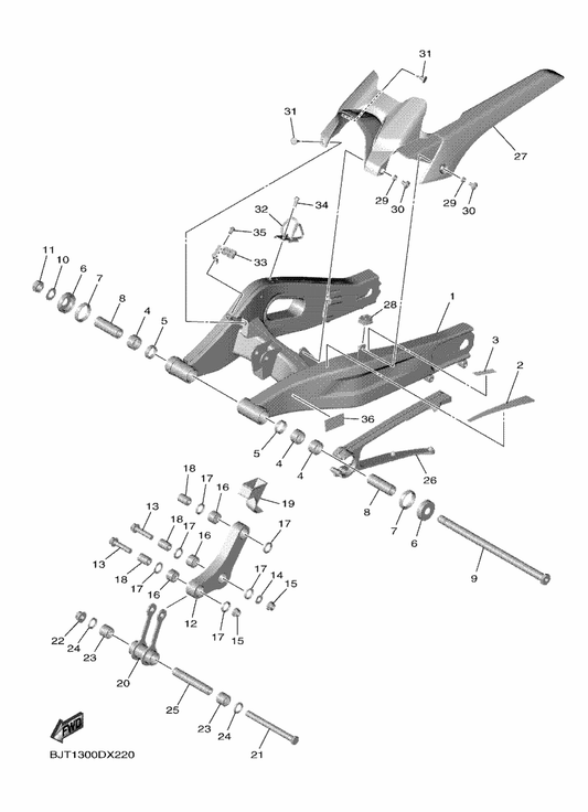 Yamaha BEB-22110-01-P0 Rear Arm Comp. — shown on the Rear Arm parts diagram