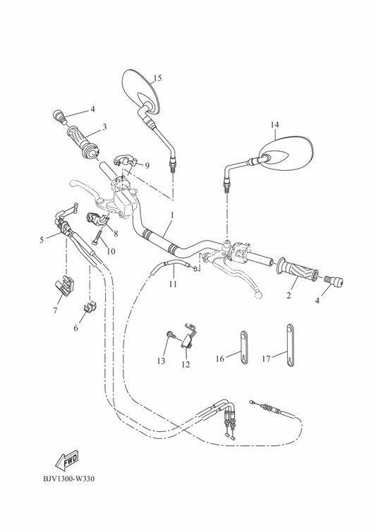 Yamaha B34-F6111-00 Handlebar — shown on the Steering Handle & Cable parts diagram