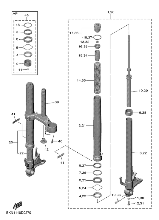 Yamaha D45-23108-00 Emblem — shown on the Front Fork parts diagram