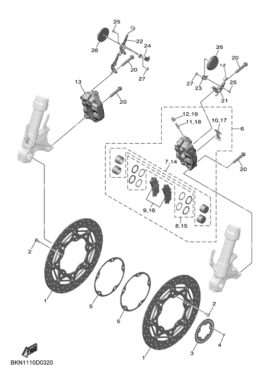 Yamaha BKN-85122-00 Bracket, Reflector 2 — shown on the Front Brake Caliper parts diagram