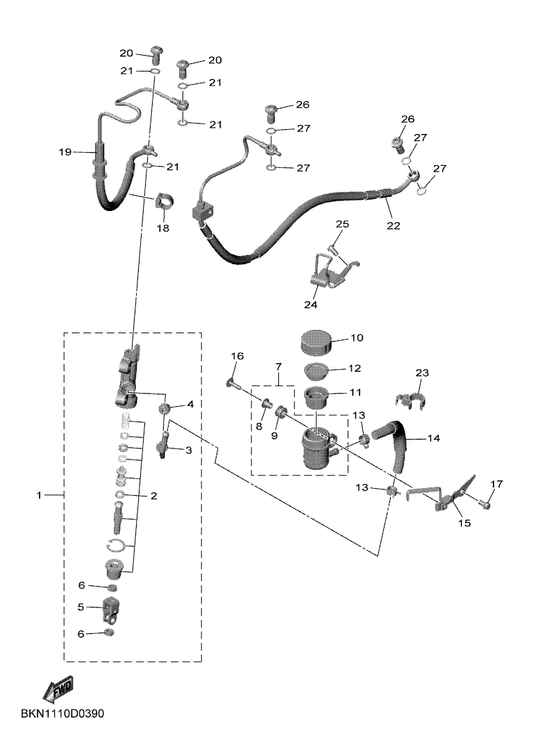 Yamaha BKN-2581K-00 Hose, Brake 5 — shown on the Rear Master Cylinder parts diagram