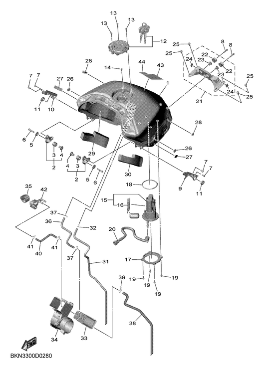 Yamaha BKN-13971-00 Pipe, Fuel 1 — shown on the Fuel Tank parts diagram