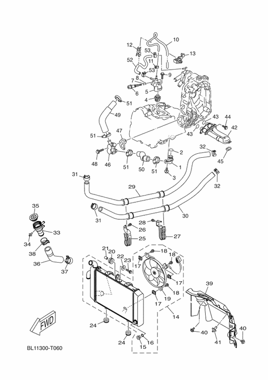 Yamaha 5RU-12411-01 Thermostat — shown on the Radiator & Hose parts diagram