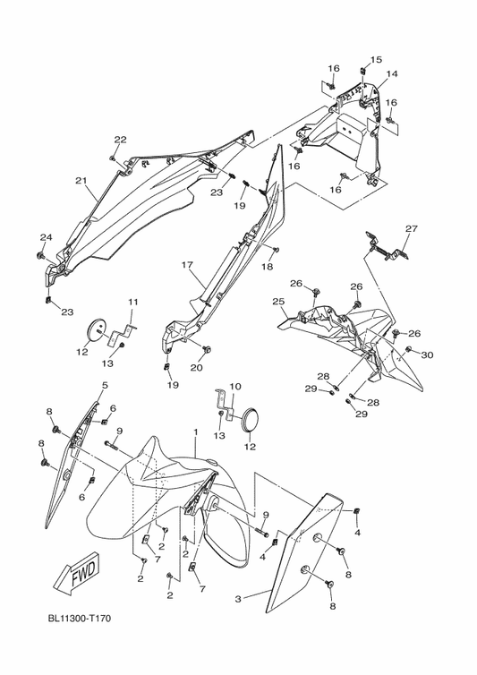 Yamaha BL1-F1511-00 Fender, Front — shown on the Fender parts diagram