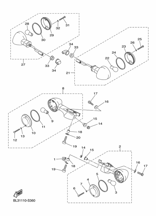 Yamaha 1XC-83320-00 Front Flasher Light Assy 2 — shown on the Flasher Light parts diagram