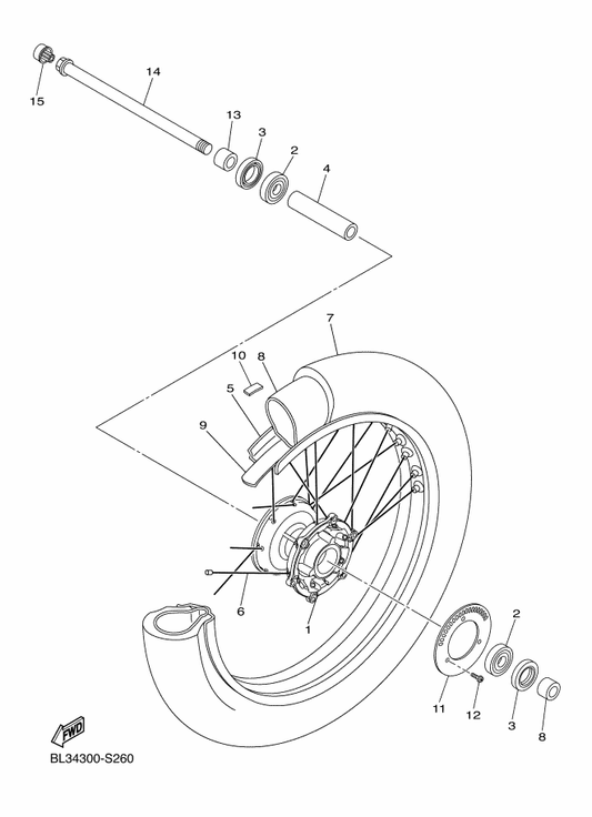 Yamaha 3MA-25181-10 Axle, Wheel — shown on the Front Wheel parts diagram