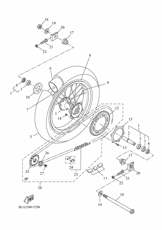 Yamaha B5G-F5377-00 Collar, Wheel — shown on the Rear Wheel parts diagram