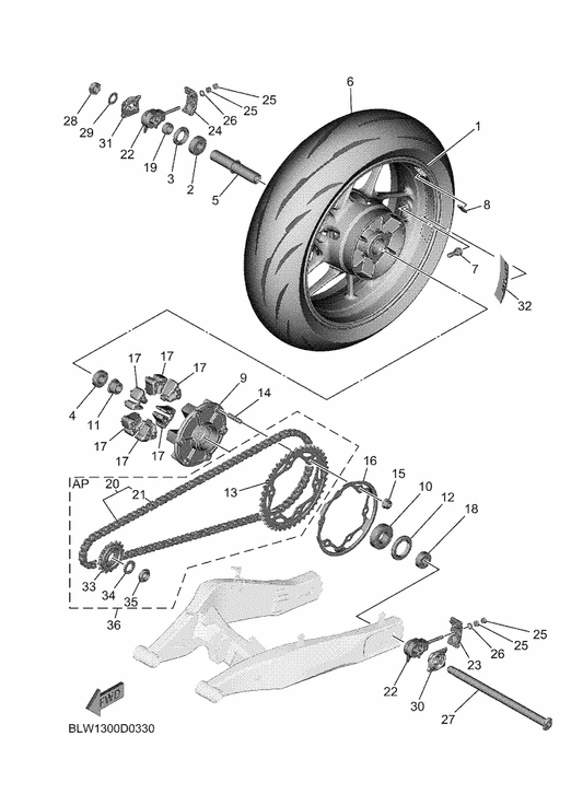 Yamaha BLW-2537W-00 Bracket 1 — shown on the Rear Wheel parts diagram