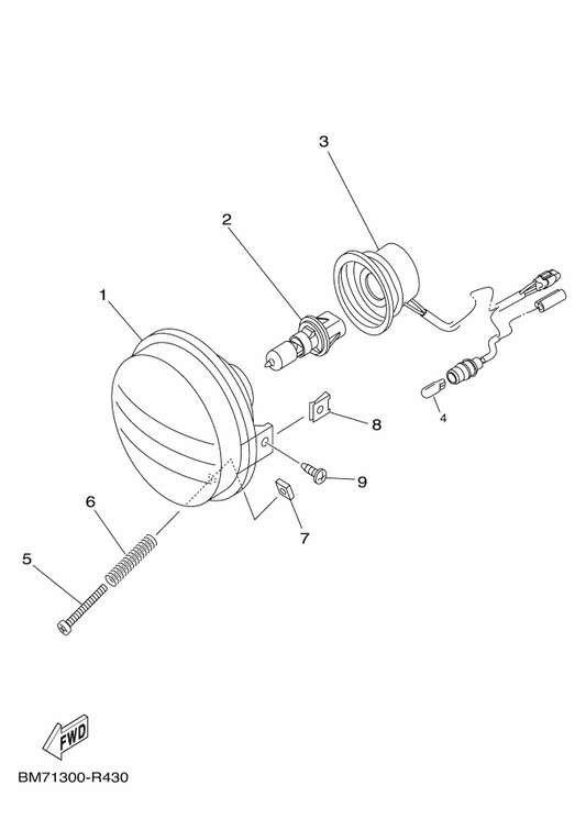 Yamaha BM7-H4340-00 Socket Cord Assy 1 — shown on the Headlight 1 parts diagram