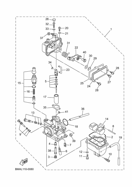 Yamaha 97607-04110 . Screw, With Washer — shown on the Carburetor parts diagram