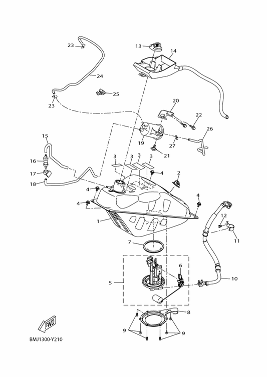 Yamaha B9Y-F4315-00 Pipe 5 — shown on the Fuel Tank parts diagram