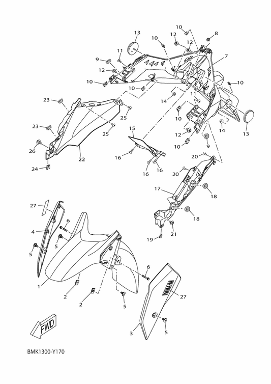 Yamaha BMK-F1513-00-P0 Stay, Fender 1 — shown on the Fender parts diagram