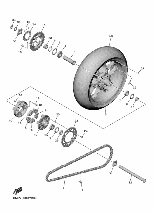 Yamaha 2CR-25442-70 Sprocket, Driven (42T) — shown on the Rear Wheel parts diagram