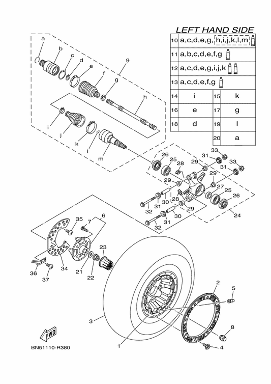 Yamaha 94110-12818 Tire (26X10.00-12 Mu10 4Pr Tl) — shown on the Rear Wheel parts diagram