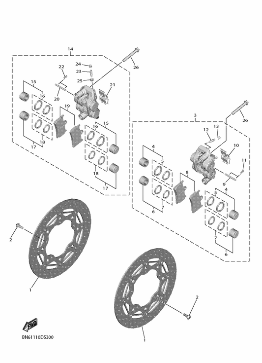 Yamaha BN6-2580T-00 Caliper Assy (Left) — shown on the Front Brake Caliper parts diagram
