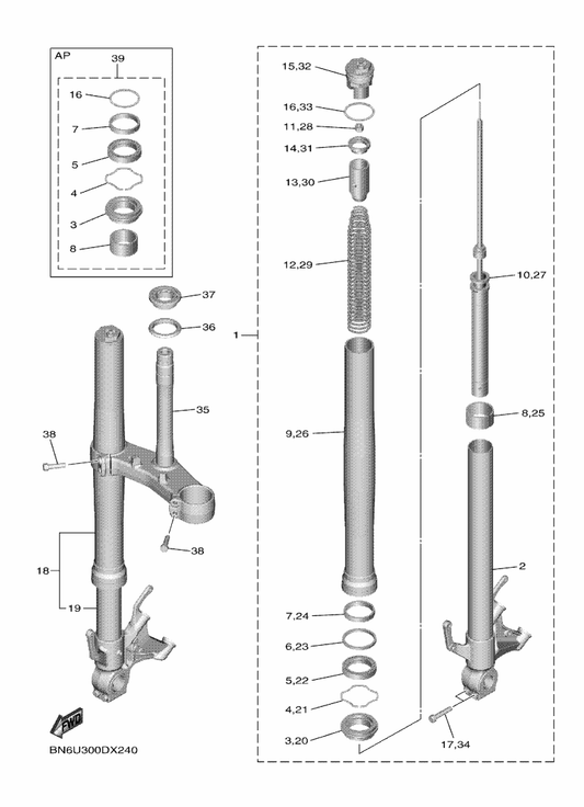 Yamaha BN6-23340-00 Under Bracket Comp. — shown on the Front Fork parts diagram