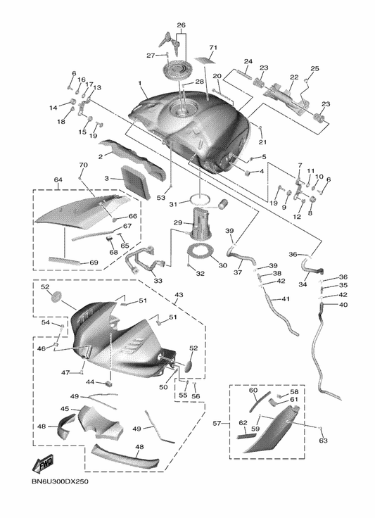 Yamaha BN6-24317-00 Pipe 7 — shown on the Fuel Tank parts diagram