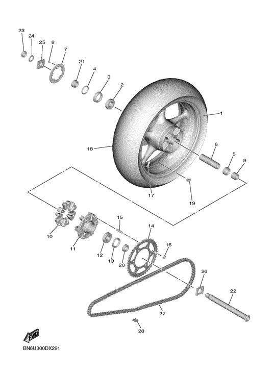 Yamaha 5SL-25383-00 Collar, Wheel — shown on the Rear Wheel parts diagram