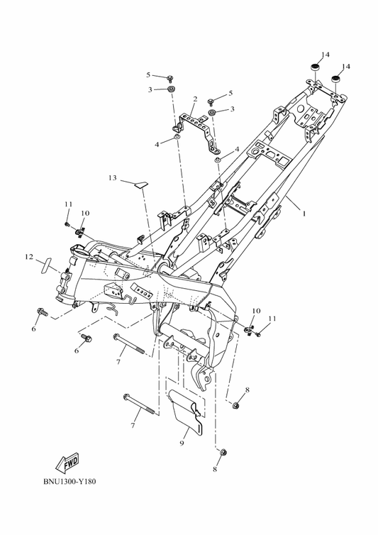 Yamaha 90105-108B7 Bolt, Flange — shown on the Frame parts diagram