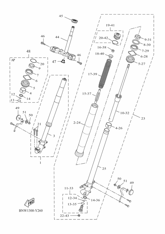 Yamaha BW3-2330H-01 . Valve Assy — shown on the Front Fork parts diagram