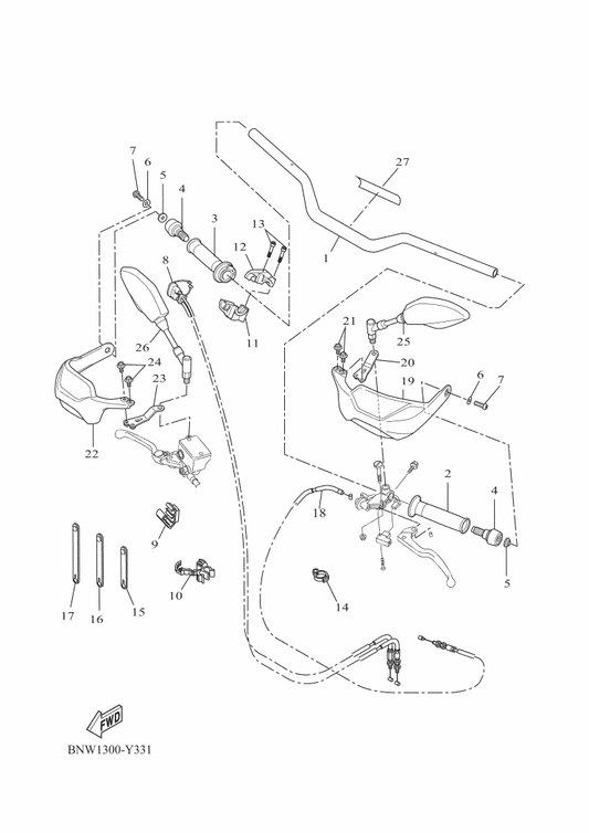 Yamaha 90464-16023 Clamp — shown on the Steering Handle & Cable parts diagram