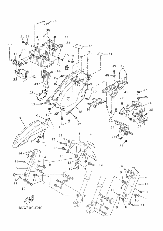 Yamaha BW3-F163A-00 Cover, Rear Fender 1 — shown on the Fender parts diagram