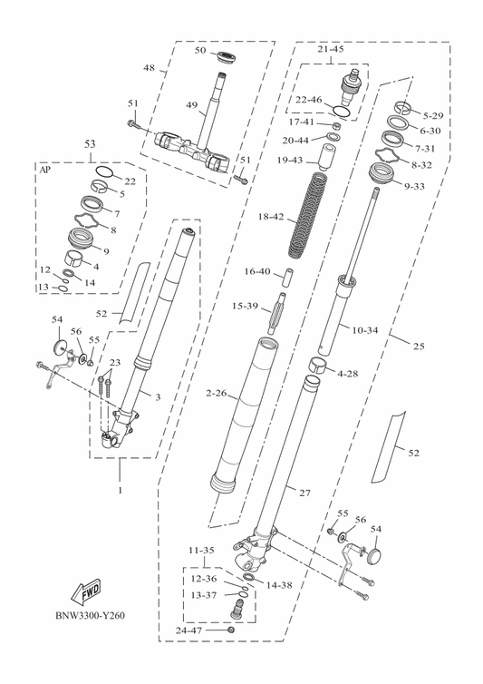 Yamaha BW3-23340-00 . Under Bracket Comp. — shown on the Front Fork parts diagram