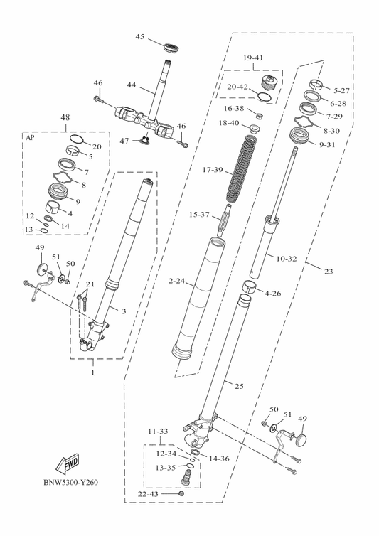 Yamaha BAU-W003B-00 Fork Seals Kit — shown on the Front Fork parts diagram