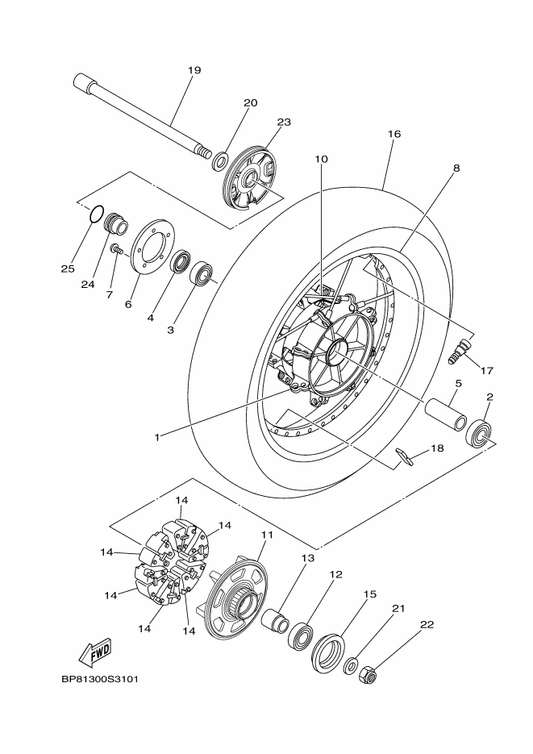 Yamaha 93306-00521 Bearing — shown on the Rear Wheel parts diagram