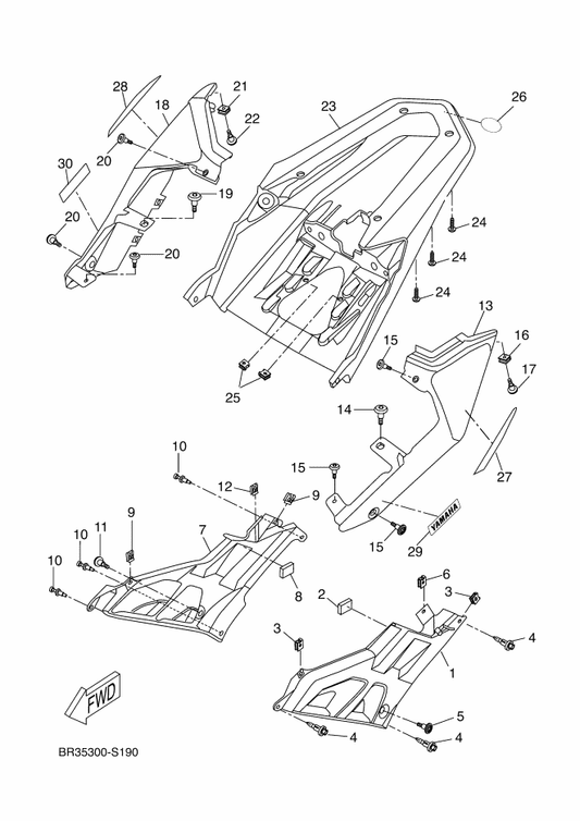 Yamaha 5D7-F153A-70 Emblem, Yamaha — shown on the Side Cover parts diagram