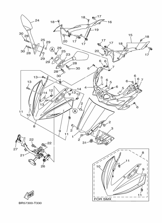 Yamaha 1WD-XF83F-30-P0 Body Cowling Sub Assy — shown on the Windshield parts diagram