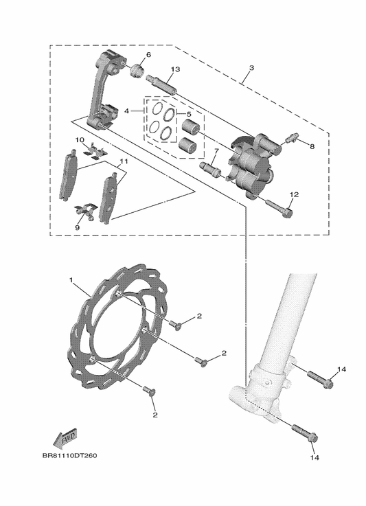 Yamaha 34X-25914-00 . Pin, Slide — shown on the Front Brake Caliper parts diagram