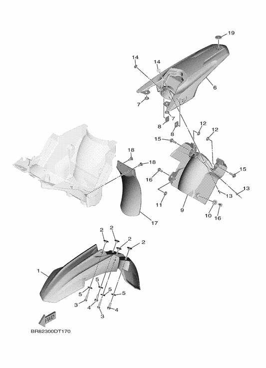 Yamaha BR8-21611-00 Fender, Rear — shown on the Fender parts diagram