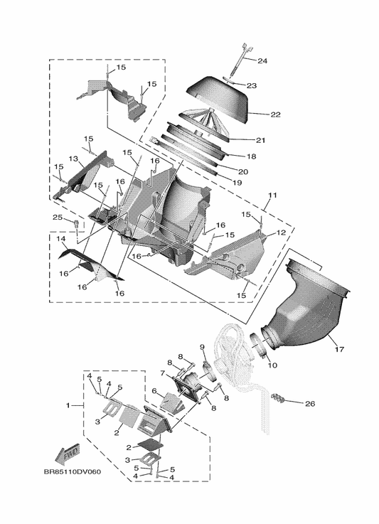 Yamaha BR8-14401-00 Air Cleaner Case Assy — shown on the Intake parts diagram